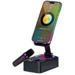 K98 Cell Phone Stand with Bluetooth Speaker – Rotating Foldable Design, 360° Rotation, Portable Audio, Black - Image 3