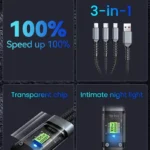 3-in-1 Versatile Design: This data cable combines three essential connectors into one compact solution, making it compatible with a wide range of devices, including smartphones, tablets, and other electronics. Perfect for households or travelers with multiple devices.  Transparent Design: Featuring a sleek, transparent design with a luminous glow, this cable not only looks stylish but also makes it easy to locate in low-light conditions. Its unique appearance adds a modern touch to your tech accessories.  Fast Charging & Data Transfer: Equipped with advanced technology, this cable supports super-fast charging and high-speed data transfer, ensuring your devices are powered up quickly and files are transferred efficiently. Save time and stay connected effortlessly.  Tangle-Free Construction: The cable is designed to withstand daily wear and tear. Its tangle-free design ensures hassle-free use and portability, making it a reliable companion for everyday use or on-the-go.  Wide Compatibility & Universal Use: Compatible with a variety of devices, this 3-in-1 cable is a universal solution for all your charging and data transfer needs. Simplify your life with one cable that does it all! - Image 6